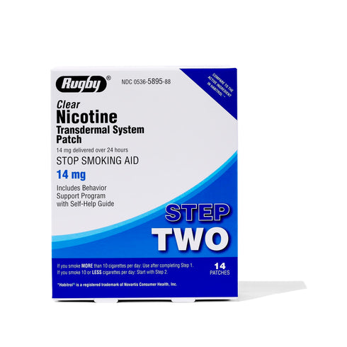 Rugby Clear Nicotine Patches - Transdermal System Patch - Smoking or Vaping Quitting Aid - Step 2-14mg - 14 Count (1-Pack)